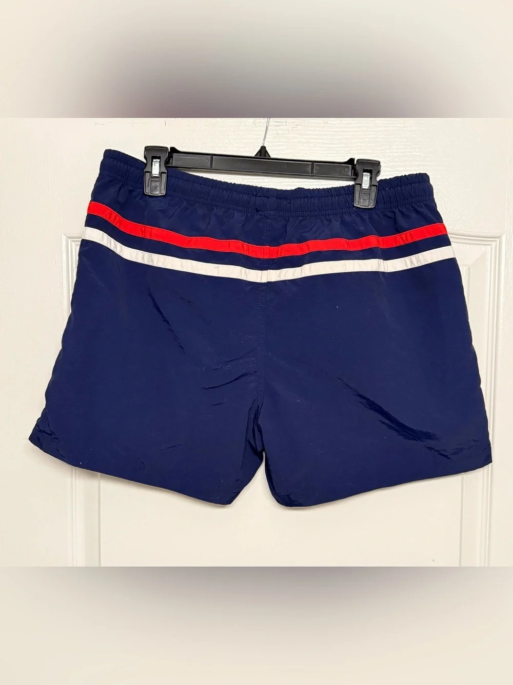 Aqua Mare Men’s Navy Swim Trunks XL Red White Stripe Mesh Lined Shorts